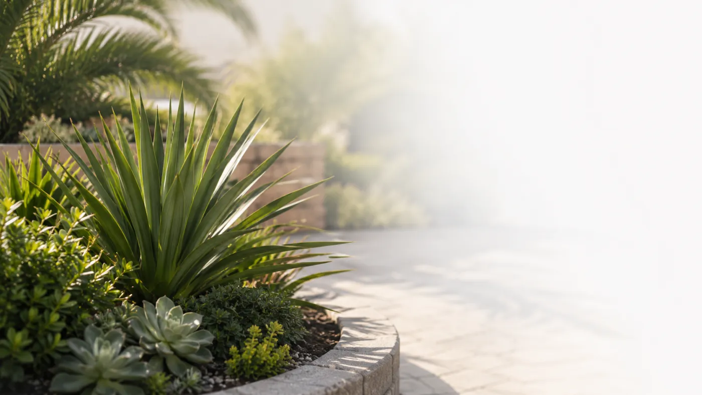 Desert landscape with palm tree and succulents alongside a paver path